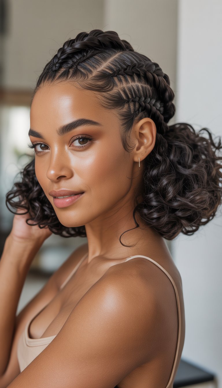 Portrait of a Black woman with a French braid hairstyle ending in curly hair, smiling against a plain background.